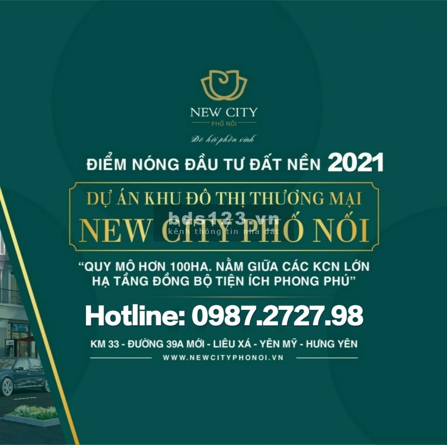 Tôi cần bán mảnh đất đối diện vườn hoa, mt 6m, dự án New City Phố Nối giá chỉ từ 13 triệu/m2
