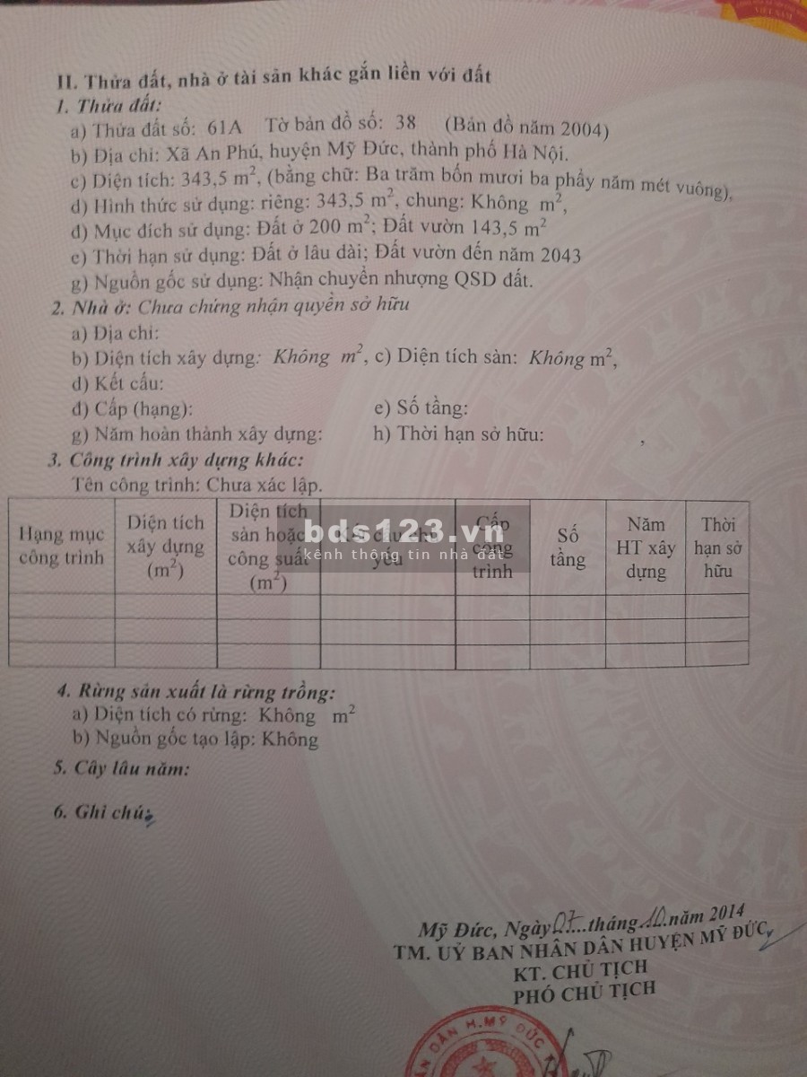 Bán đất chính chủ pháp lí chính chủ, sổ riêng tại An Phú, Mỹ Đức ô tô vào tận nhà