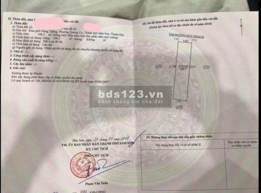 Bán đất thổ cư Quảng Cư Sầm Sơn Thanh Hóa, liên hệ 0941291982, giá thoả thuận