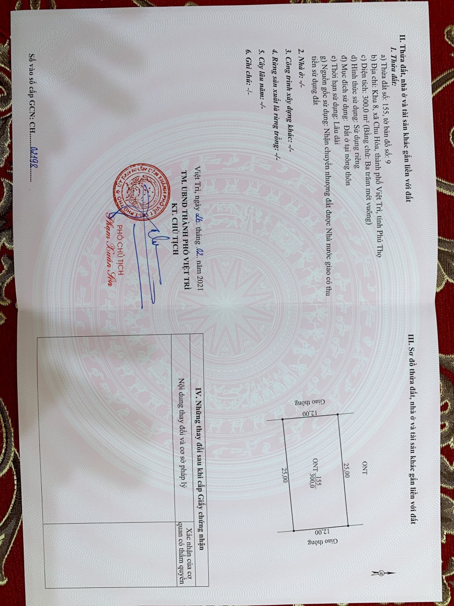 Chính chủ cần bán ô đất khu 8 xã Chu Hóa diện tích 300 m2, thổ cư 100%