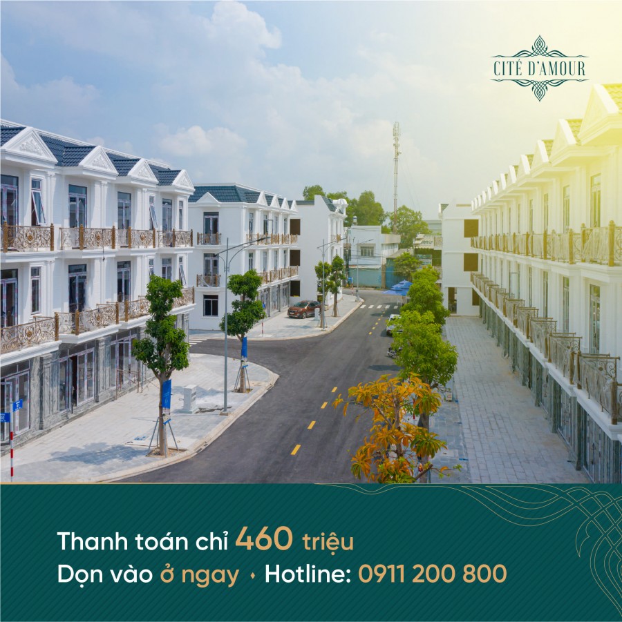 Mua nhà sang Cite D'Amour - tặng 5 chỉ vàng nhà phố kiểu mẫu xây sẵn 1 trệt 2 lầu, SHR, bank 75%