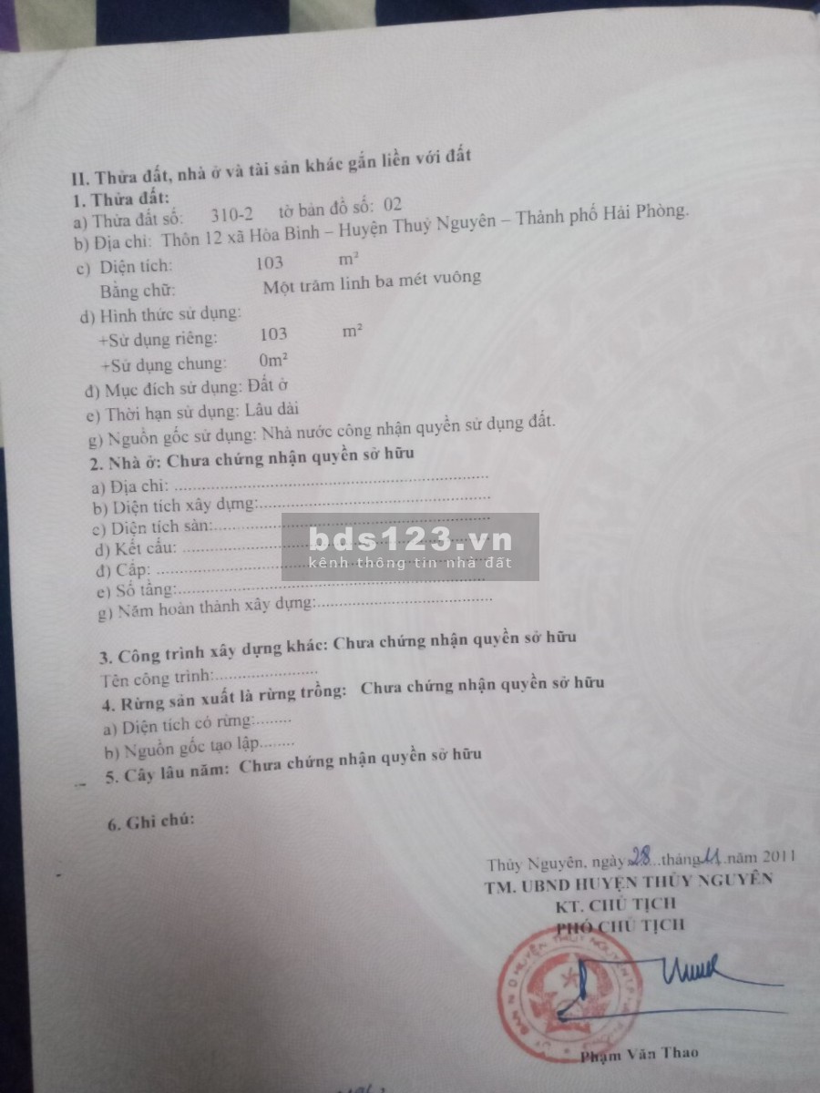 Đất thổ cư giá rẻ khu vực Thủy Nguyên Hải Phòng giá bán 1.2 tỷ liên hệ 0332892693
