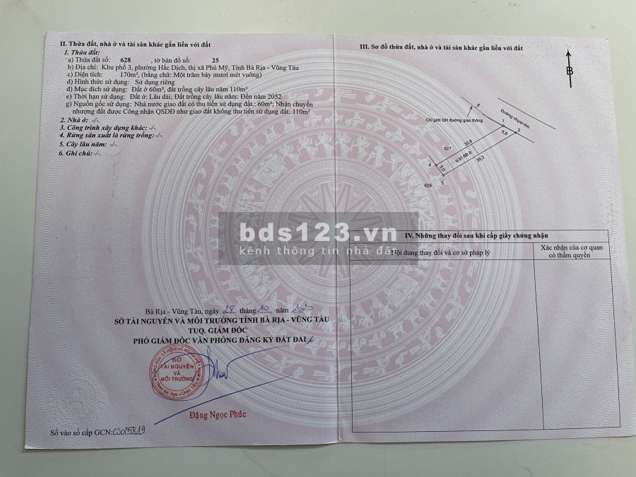 Đất sổ đỏ Hắc Dịch, mt ven hồ Nhà Bè 12m, dt 170m2, thị xã Phú Mỹ, lh 0902514989