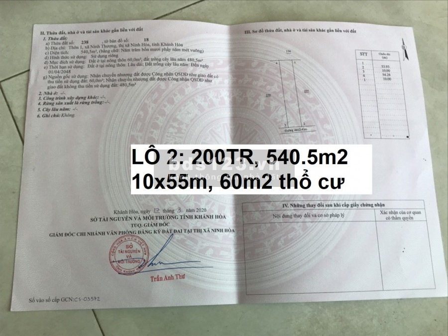 Bán 2 lô đất có thổ cư giá từ 200tr, Thôn 1 Ninh Thượng, Ninh Hòa, Khánh Hòa, sổ sẵn