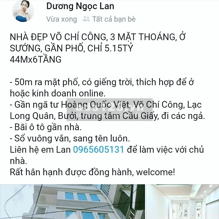 Nhà đẹp Võ Chí Công 3 mặt thoáng ở sướng, gần phố giá chỉ 5.15 tỷ, dt 44m2, 6 tầng