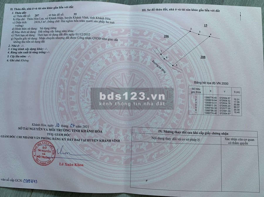 bán 2 lô đất giá dưới 300tr mặt tiền betong xã Khánh Hiệp LH 0788.558.552