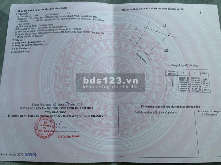 bán 2 lô đất giá dưới 300tr mặt tiền betong xã Khánh Hiệp LH 0788.558.552