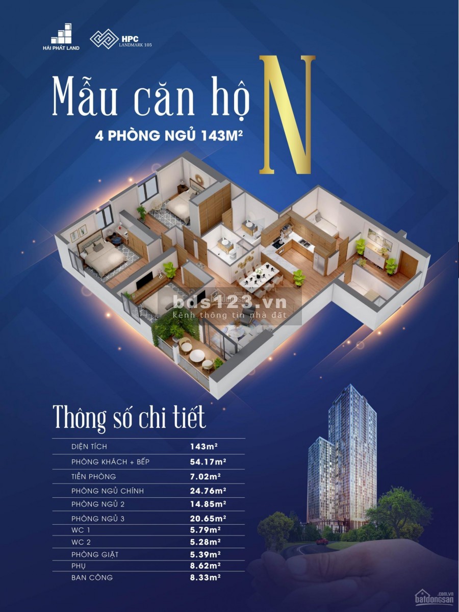 Bán căn hộ 4pn 143m chung cư HPC 105 nhận nhà ở ngay chỉ với 320tr. Lh 0911466683