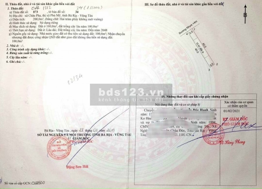 Đất châu pha phú mỹ thổ cư sổ riêng 200m2 cần bán gấp gần KCN sonadezi