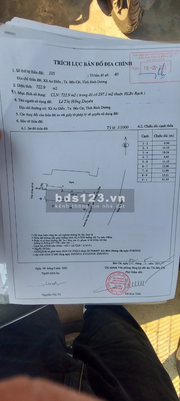 Chính chủ Bán đất mặt sông Thị Tính, xã An Điền, Thị Xã Bến Cát, Bình Dương (mặt sông rộng 25m)