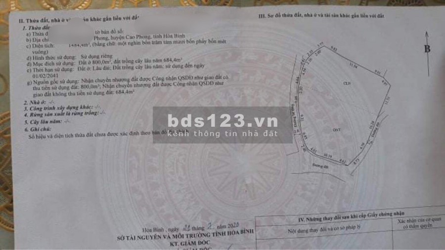 Lô đât đẹp 3 mặt tiền 1500m2 có 800m thổ cư Băc phong Cao Phong Hoà Bình
