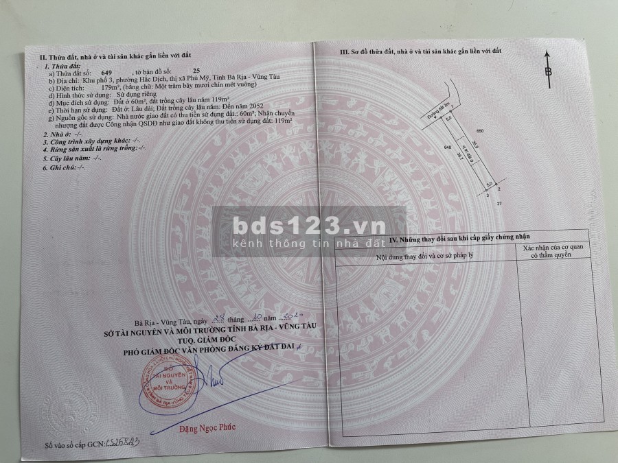 Cần bán lô đất sổ đỏ thổ cư 179m2 đường Hắc Dịch , TX Phú Mỹ, Bà Rịa –Vũng Tàu