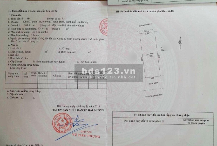 Bán đất mặt đường Nguyễn Văn Linh, TP HD, dt 108m2, mt 6m, đường 30.5m, vỉa hè 5m, giá tốt