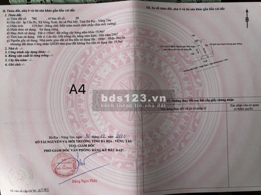 Bán 2 Lô đất sổ đỏ mặt tiền Mỹ Xuân Ngãi Giao, thị xã Phú Mỹ, Bà Rịa Vũng Tàu lh 0902514989
