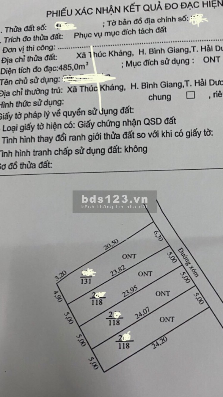 Bán đất xã Thúc Kháng huyện Bình Giang tỉnh Hải Dương, liên hệ 0989387777