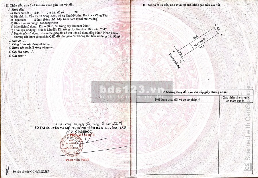 Cần bán nhanh 150m2 đất Sông Xoài cách khu Sân Vận Động xã Sông Xoài 1km LH 0902514989