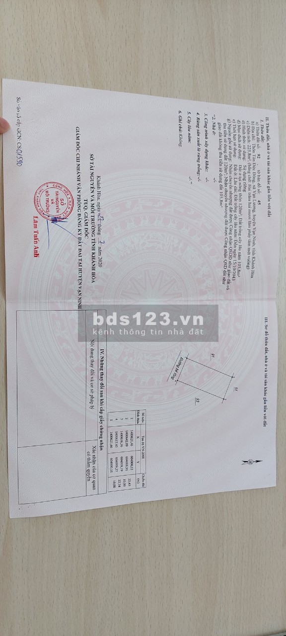 Chính chủ bán lô đất 225m2 đất thổ cư trung tâm khu kinh tế Bắc Vân Phong, tỉnh Khánh Hòa.