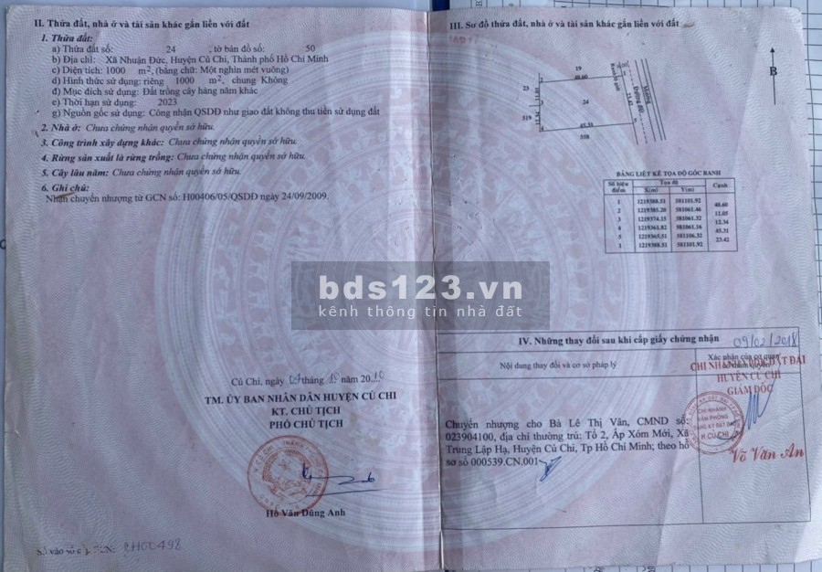 Cần bán đất vườn xã Nhuận Đức cách Nguyễn Thị Rành vài trăm mét có 300 thổ, lhcc