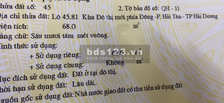 Bán đất mặt đường Đinh Tiên Hoàng, TP HD, dt 68m2, mt 4m, đường 21.5m, giá cực tốt