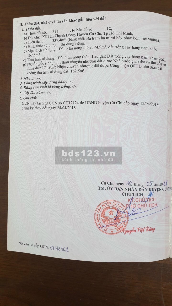 Cần bán gấp mặt tiền Nguyễn Kim CươngxãTân Thạnh Đông Củ Chi đất 2 mặt tiền đẹp kinh doanh