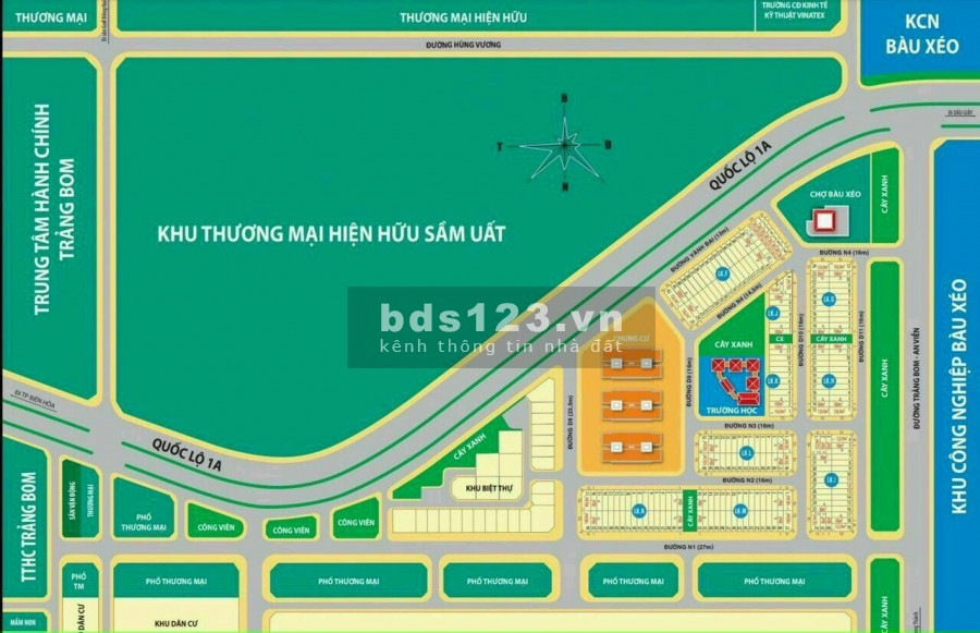 Dự án thuộc thị trấn Trảng Bom. Mặt tiền Quốc Lộ 1A và Đường Xã Đồi 61, giá bán 1.6 tỷ