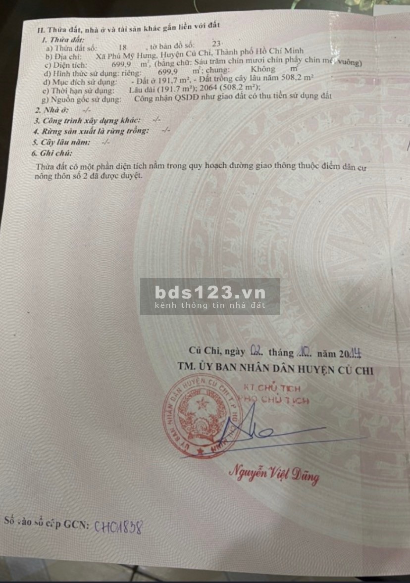 Cần bán đất mặt tiền Nguyễn Thị Rành xã Phú Mỹ Hưng - cách TL15 2km khu đông dân cư