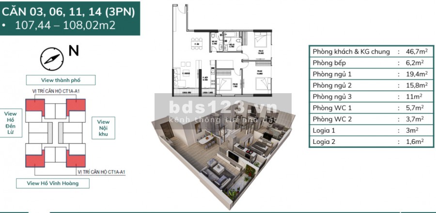 Bán căn hộ 3 PN diện tích 107m2 hướng Đông Nam thoáng mát, liên hệ 0349613995