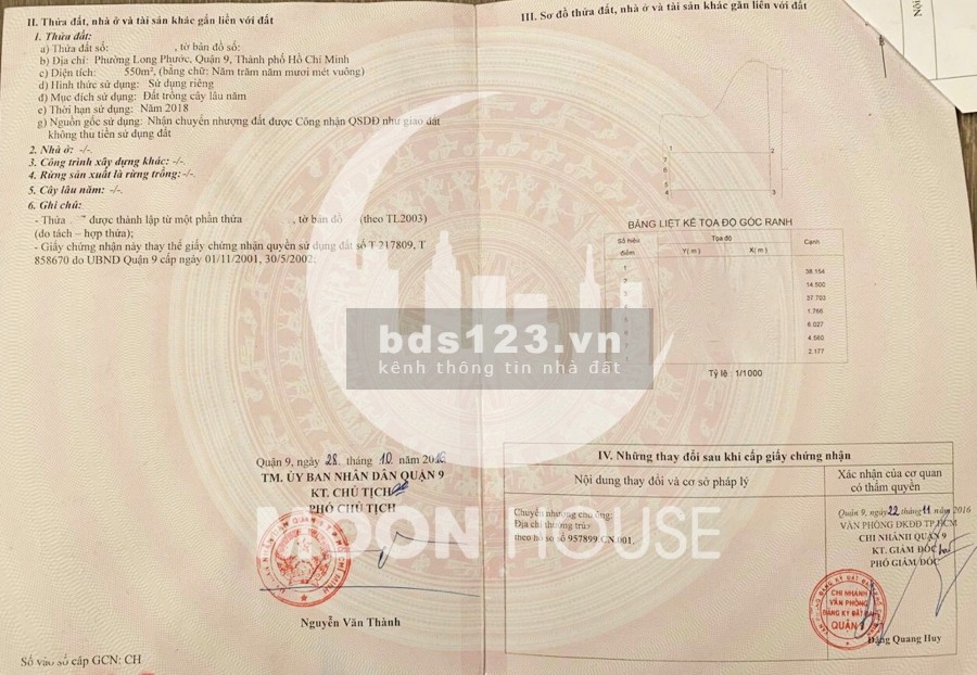Cần bán 1088m2 đất đường số 9 phường Long Phước chỉ 14.3 tỷ, liên hệ 0907016378