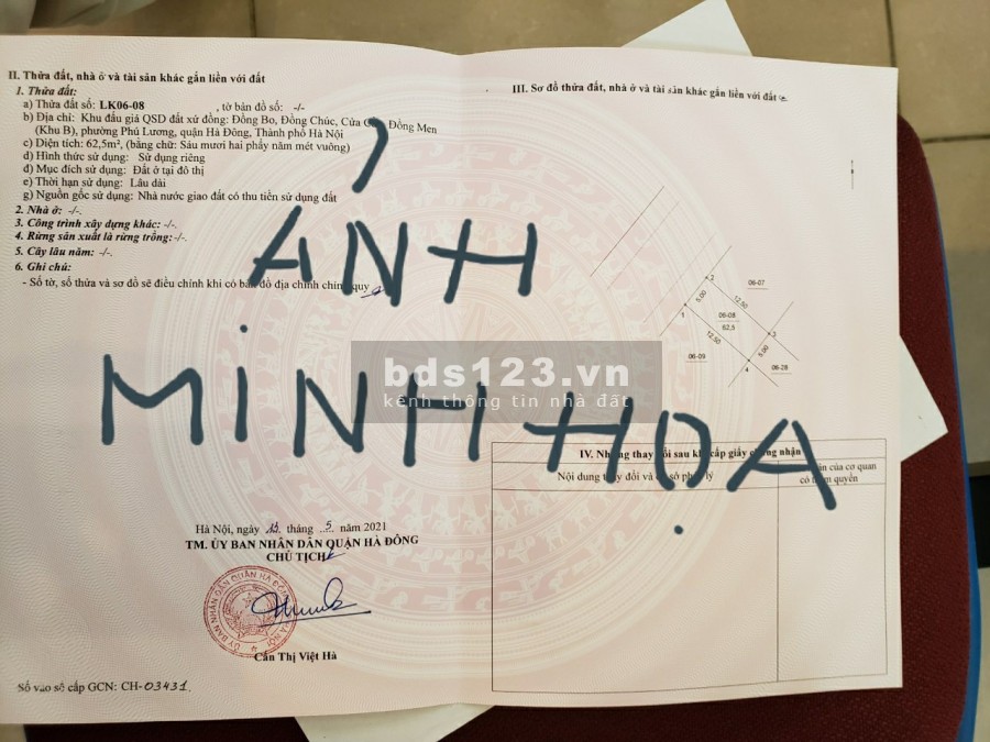 Bán đất thổ cư Hà Đông diện tích 58m2, mặt tiền 5,5m, giá 2,39 tỷ, ô tô đỗ ngày đêm