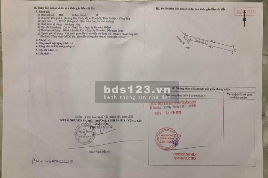 Cần bán lô đất ngay Khu Phố 1 phường Hắc Dịch thị xã Phú Mỹ Bà Rịa Vũng Tàu, giá đầu tư