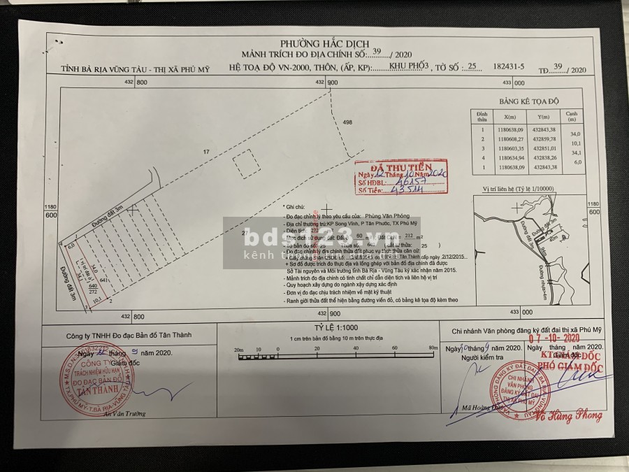 Còn 1 lô góc 2 mặt tiền dt 450m2 giá 4.95 triệu/m2 sổ đỏ tại KP3 Hắc Dịch Phú Mỹ