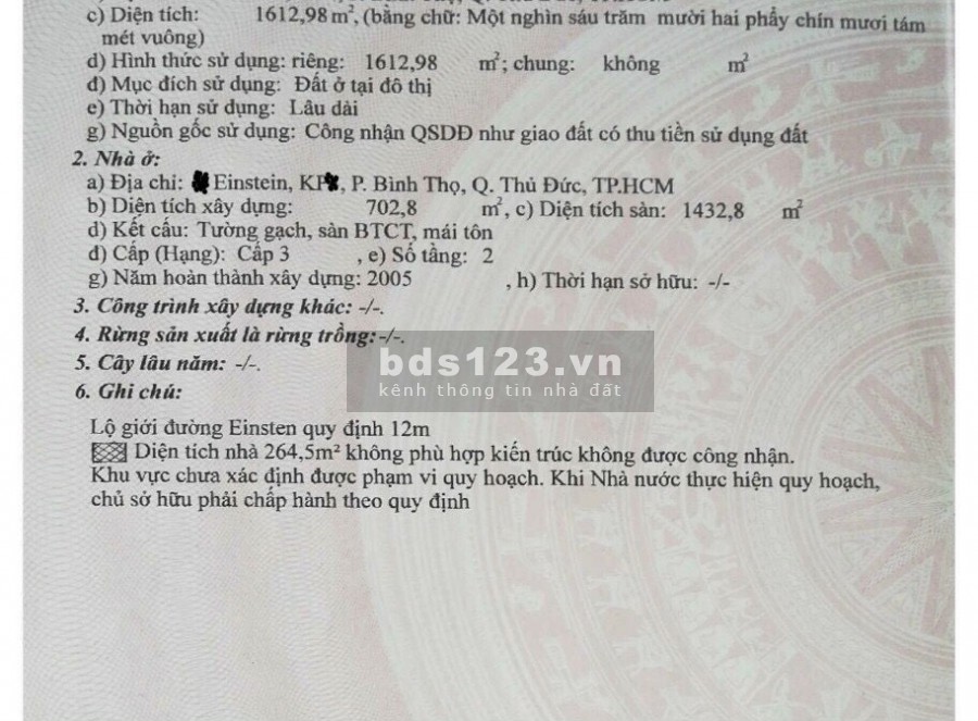 Bán đất thổ cư MT đường Einstein phường Bình Thọ thành phố Thủ Đức. Diện tích 1613m2