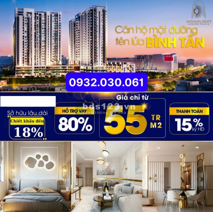 Cần bán căn hộ Moonlight Center Point Bình Tân giá chỉ 55tr/m2, chiết khấu 3-8% tt 1%/tháng
