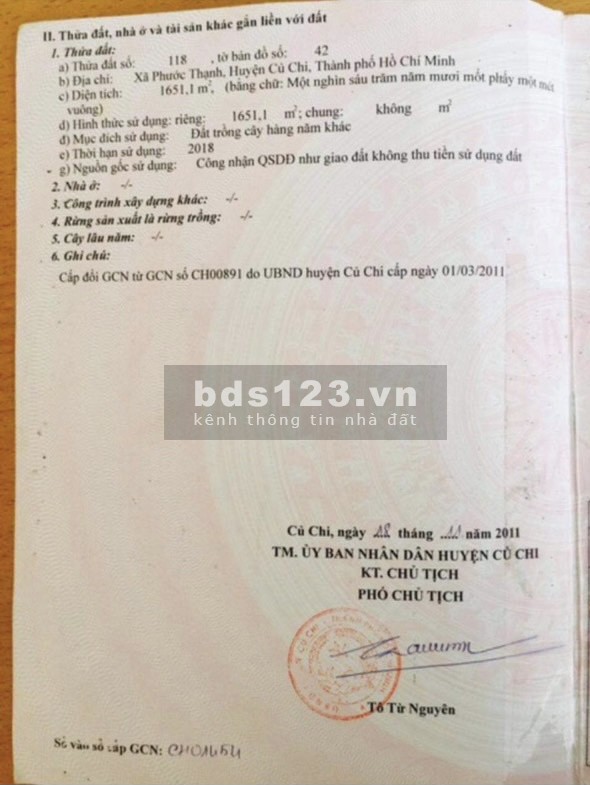 Cần bán đất mặt tiền Tỉnh Lộ 7 xã Phước Thạnh Củ Chi diện tích 1651m2 có 600thổ cư