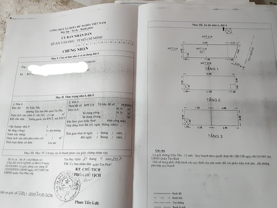 Chính chủ cần bán nhà Mặt tiền, diện tích 59.7m2, giá bán 12 tỷ, đường Trần Tấn, Quận Tân Phú