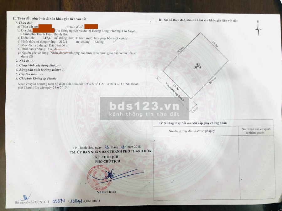 Cần Bán Lô Đất Khu Công Nghiệp Hoàng Long, 317.4m2 Sát góc, Tp.Thanh Hóa