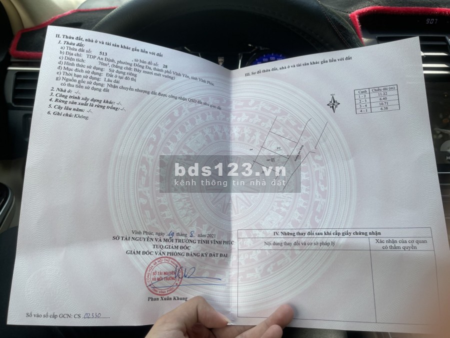 Cần bán lô đất 70m Full thổ cư mặt tiền 6m sát KĐT Bắc Đầm Vạc, Đống Đa, Vĩnh Yên giá 1350tr