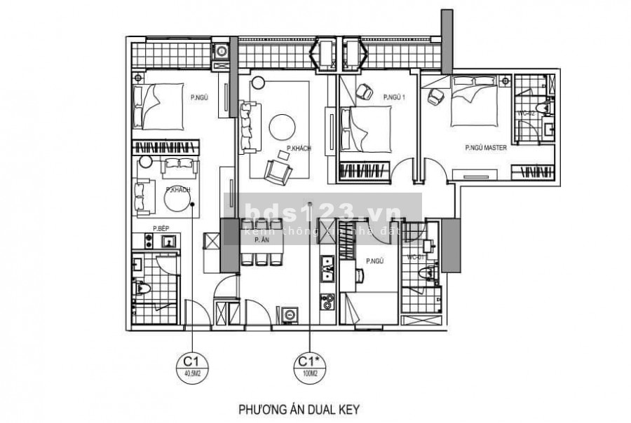 Bán căn hộ kép 2 cửa chính DT 135m2 gồm 95m2, 3PN + 1 studio đóng 30% (1.1 tỷ) nhận nhà