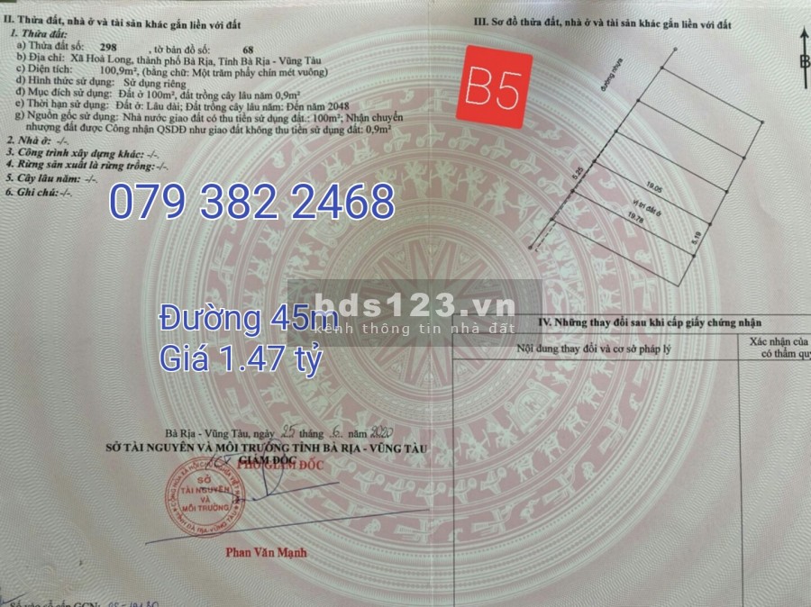 Chính chủ bán gấp đất 5x20 mặt tiền đường 45m, shr Full thổ, Hoà Long TP Bà Rịa.