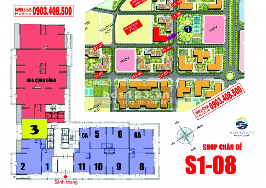 HOT - Shop chân đế S1.08 Vinhomes Ocean Park , 75.2m2,Giá 5.46 tỷ