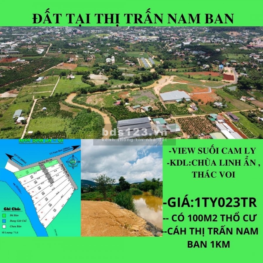 Đất nền thị trấn Nam Ban chỉ 1ty23tr sẵn diện tích 100m2 thổ cư gần Thác Voi, có sổ riêng