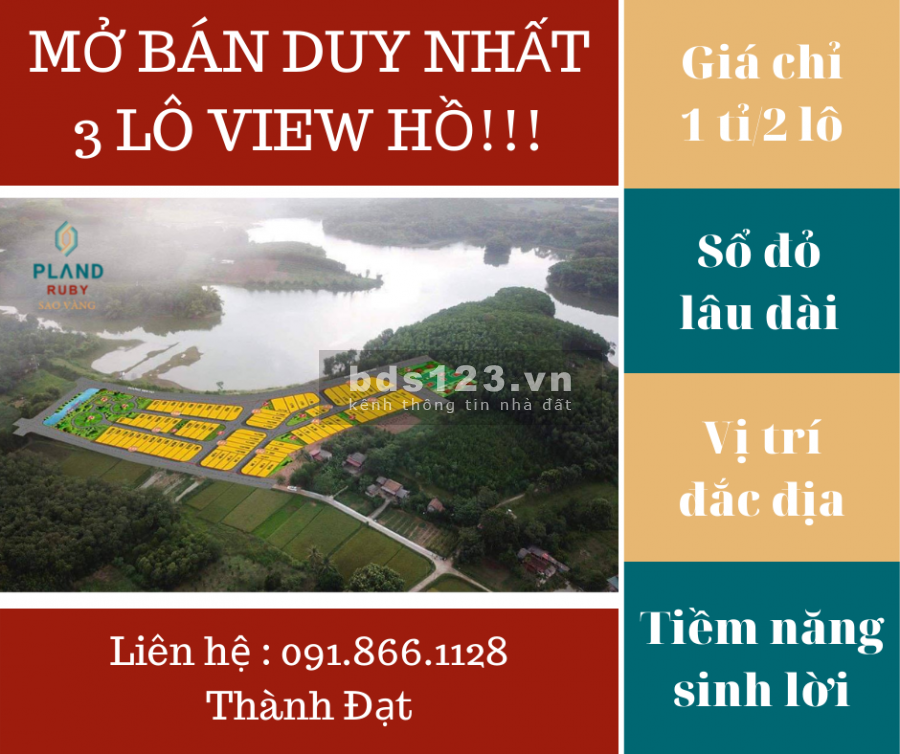 Mở bán 3 lô view hồ suy nhất khu nhà ở Pland Ruby sao vàng, giá chỉ 1.2 tỷ/lô, sổ sẵn