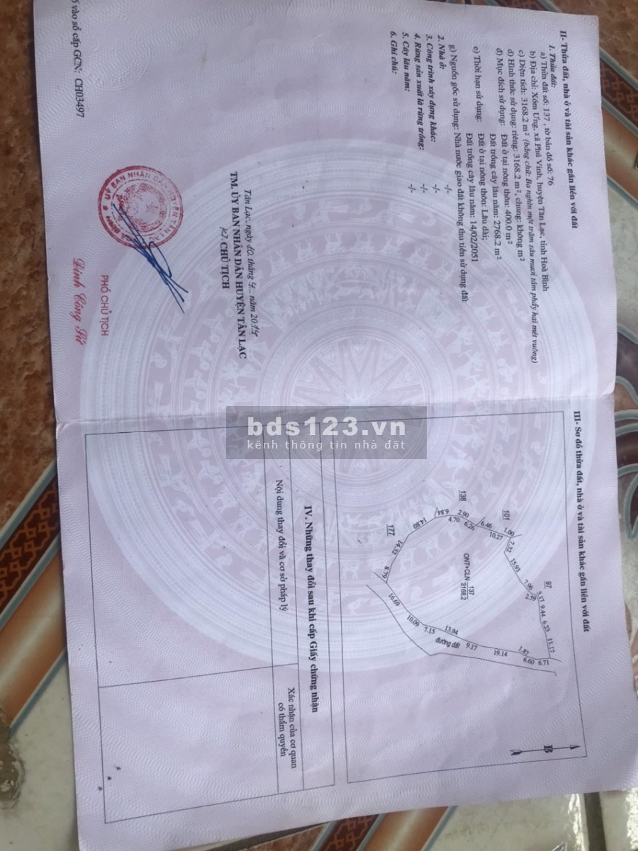 Bán đất Tân Lạc -Hoà Bình dt 3200m có 400 tc,view bao quát đèo đá trắng thung khe