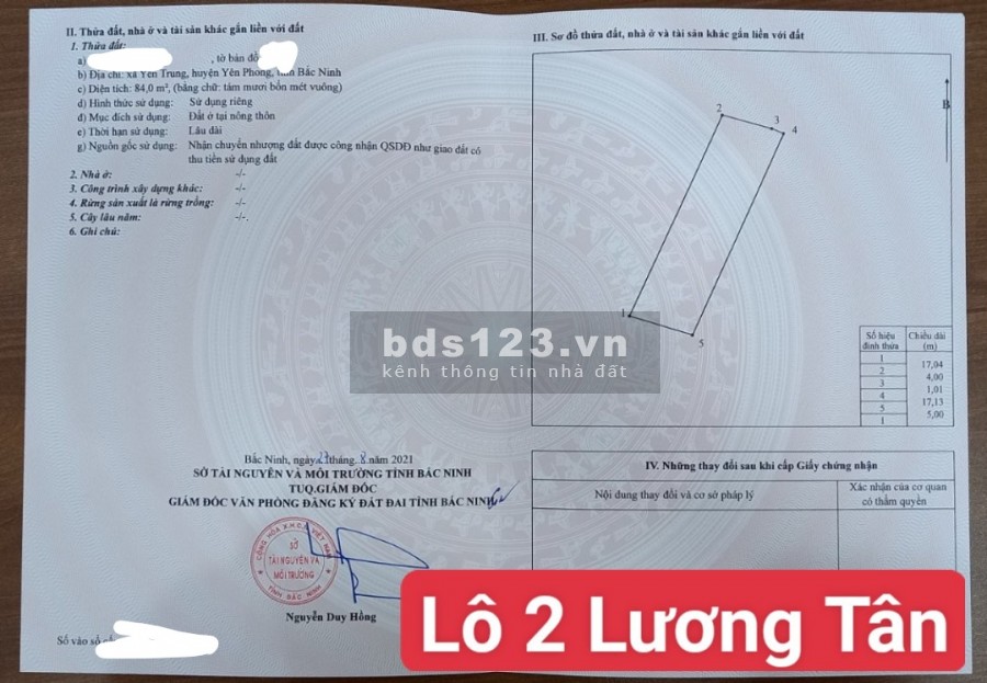 Chính chủ cần bán đất nằm ngay ngã tư đường DT295, giá bán 1.85 tỷ, sổ sẵn, bàn giao ngay