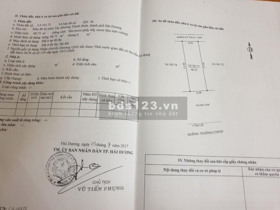 Bán đất mặt đường Trường Chinh, ph Thanh Bình, dt 60.75m2, mt 4.5m, vị trí cực đẹp
