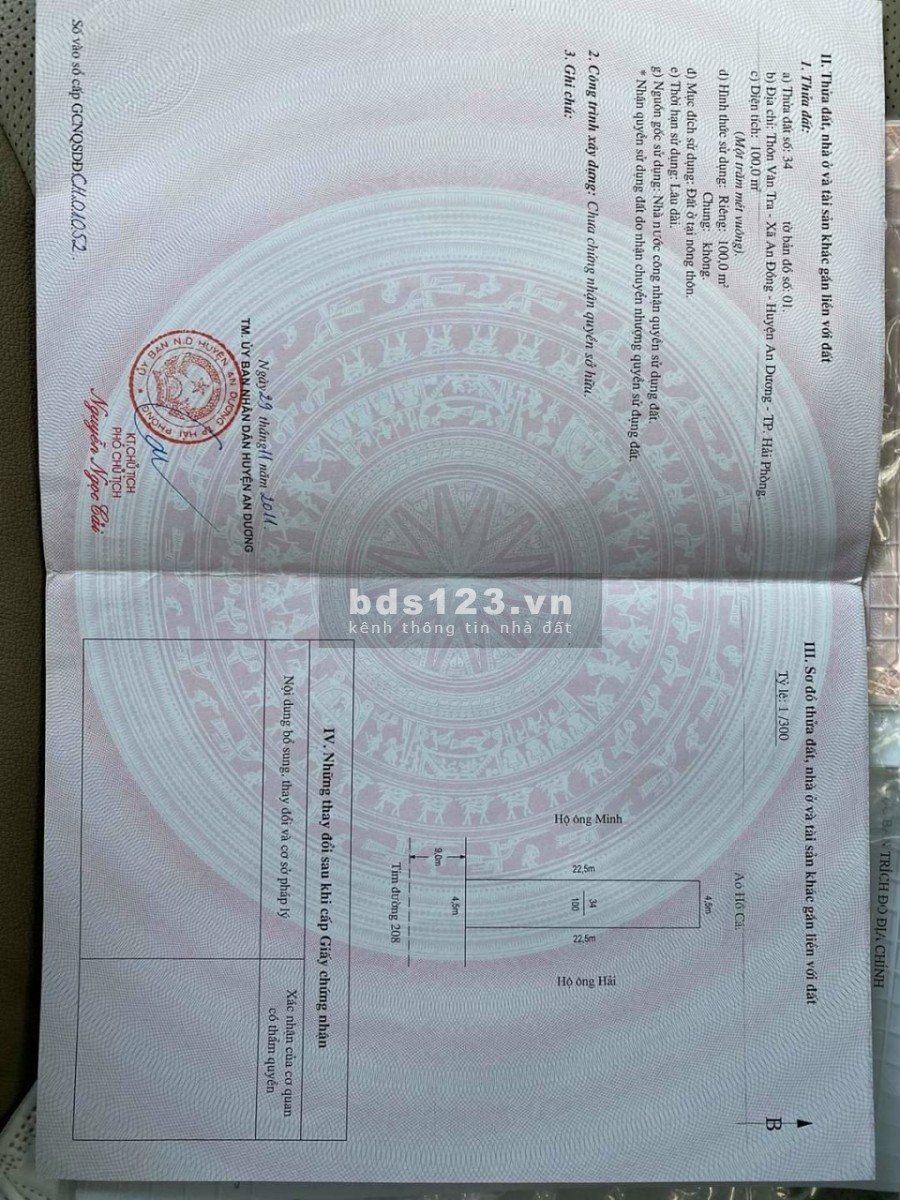 Bán đất mặt đường 208, An Dương, Hải Phòng diện tích sử dụng 100m2, lh 0981460231
