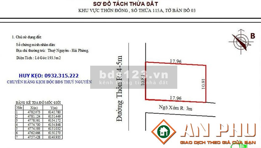 Chuyển nhượng lô góc mặt đường liên thôn Lâm Động, Thủy Nguyên, Hải Phòng