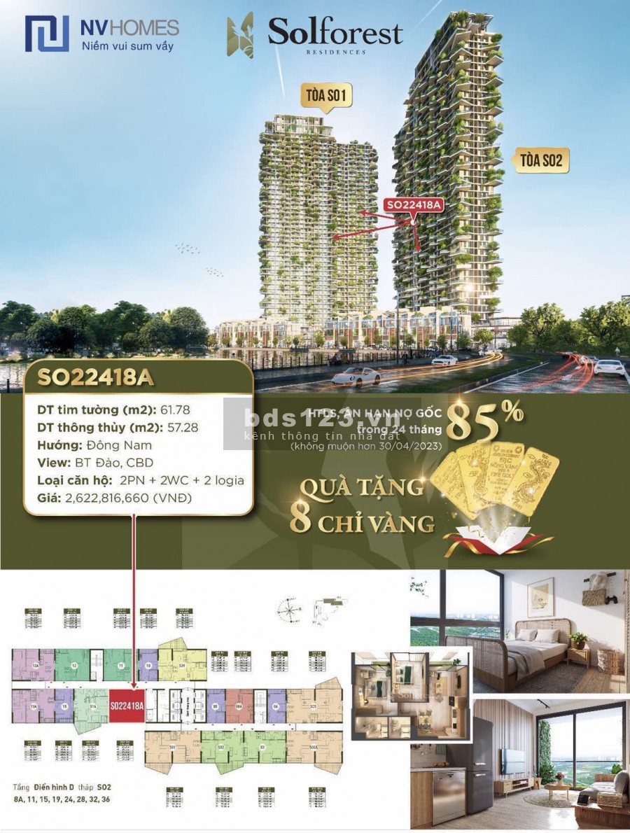 Bán căn hộ 2 pn 2 wc lô gia, dtsd 57m2, chiết. khấu 8 chỉ vàng, view biệt thự đảo