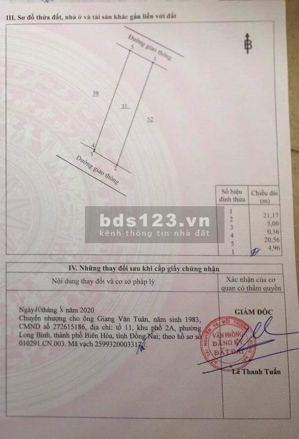 Bán đất 2 mặt tiền Kp3 Trảng Dài, sổ hồng riêng diện tích 5x21m, giá bán 1.65 tỷ, số sẵn