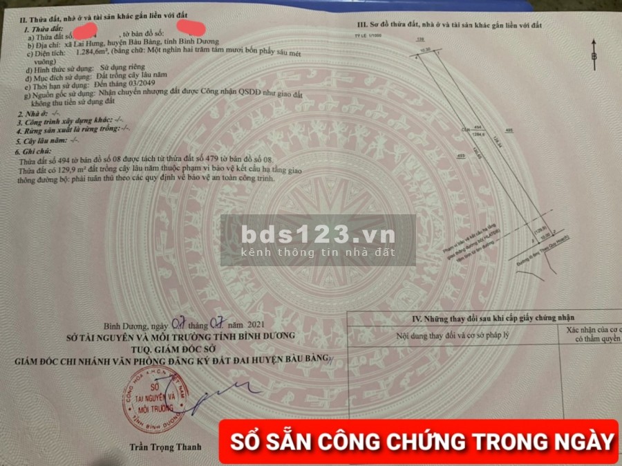Đất 1000m ngay Trung Tâm Hành Chính Bàu Bàng, sổ sẵn, công chứng trong ngày